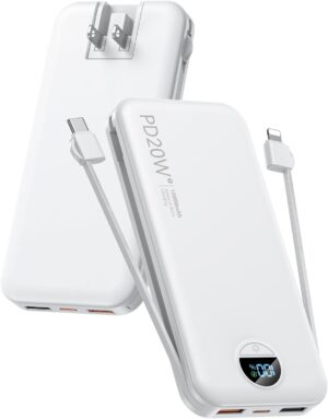 citicr Portable Charger 10000mAh PD20W w/Built-in Cables & Wall Plug White | Fast charging, Built-in wall plug, LED display, Charge 5 devices at once, Pass through charging, TSA approved, Pocket size