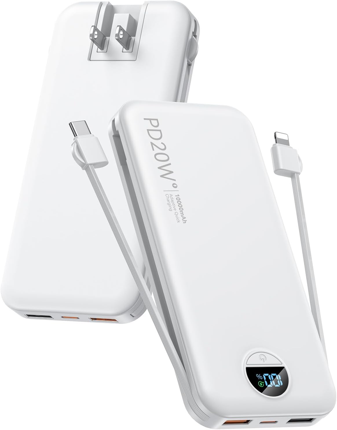 citicr Portable Charger 10000mAh PD20W w/Built-in Cables & Wall Plug White | Fast charging, Built-in wall plug, LED display, Charge 5 devices at once, Pass through charging, TSA approved, Pocket size